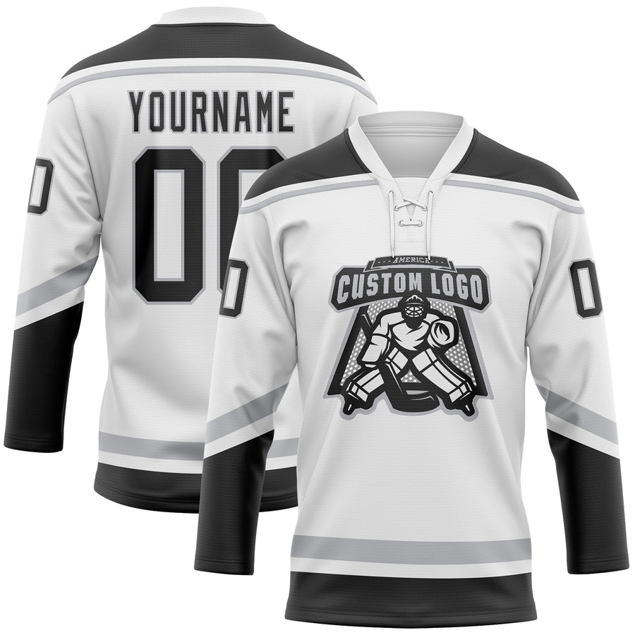 Custom White Black-Gray Hockey Lace Neck Jersey