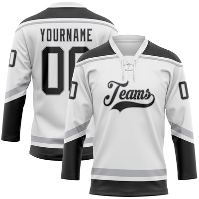 Custom White Black-Gray Hockey Lace Neck Jersey