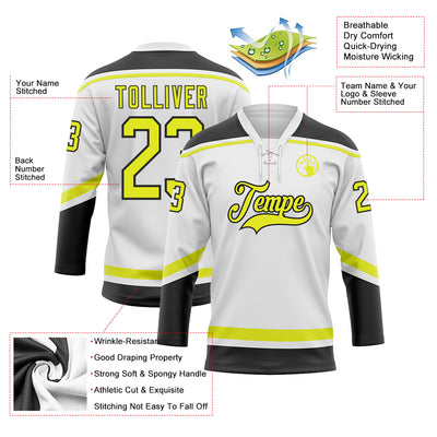 Custom White Neon Yellow-Black Hockey Lace Neck Jersey