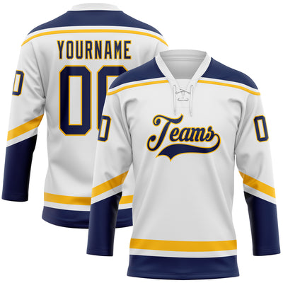 Custom White Navy-Gold Hockey Lace Neck Jersey