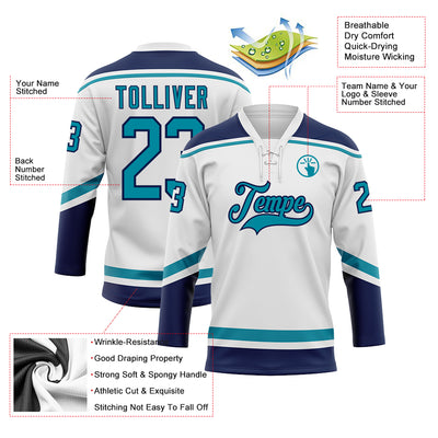 Custom White Teal-Navy Hockey Lace Neck Jersey