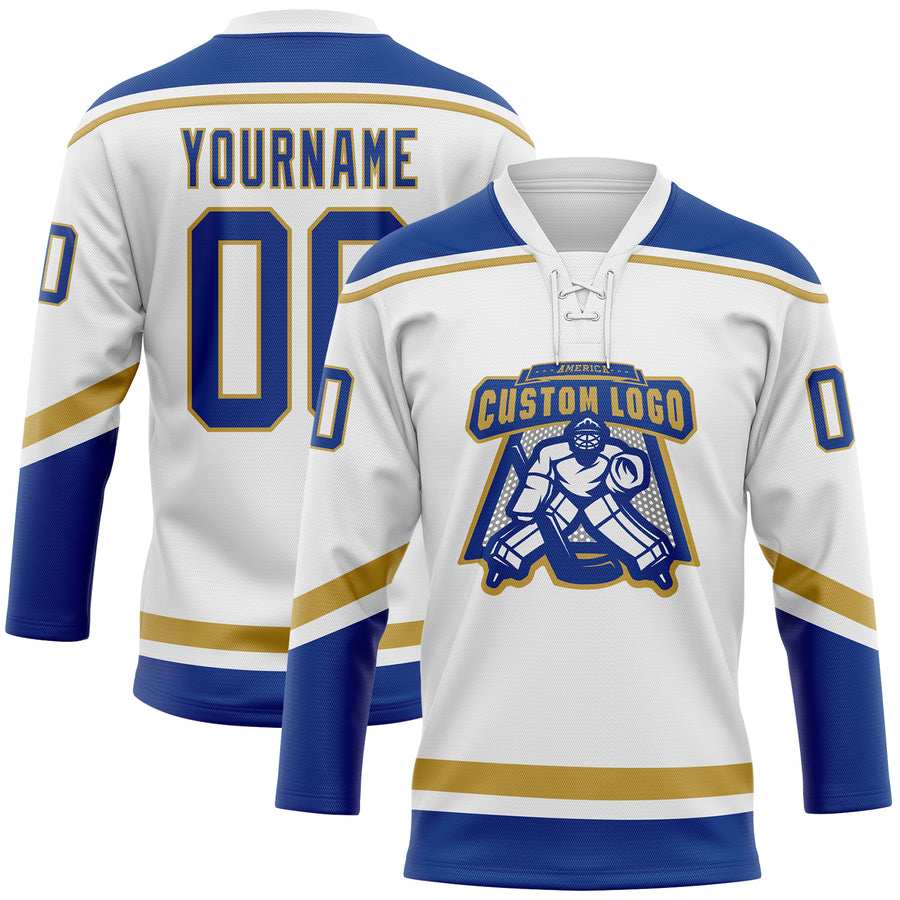 Custom White Royal-Old Gold Hockey Lace Neck Jersey