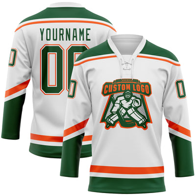 Custom White Green-Orange Hockey Lace Neck Jersey