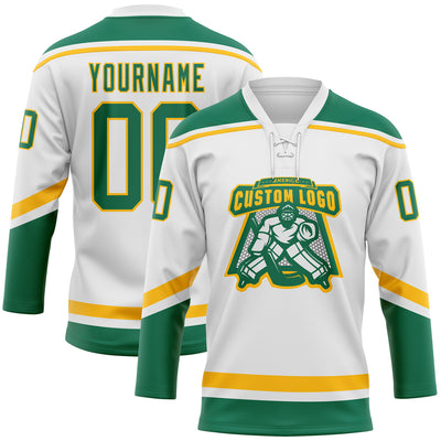 Custom White Kelly Green-Gold Hockey Lace Neck Jersey