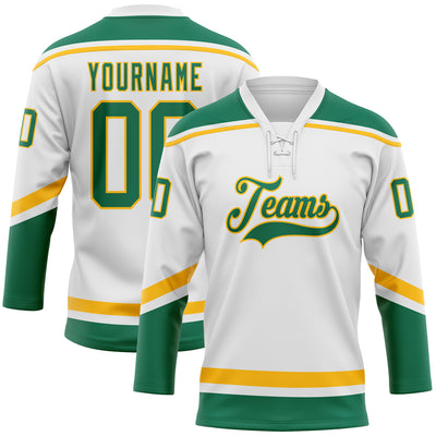 Custom White Kelly Green-Gold Hockey Lace Neck Jersey