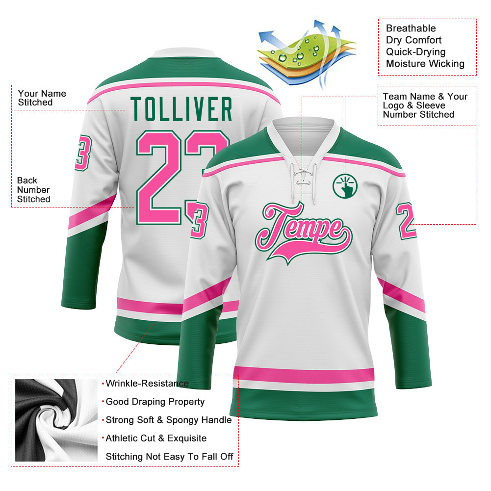 Custom lace neck Hockey Lace Neck Jersey White Pink-Kelly Green