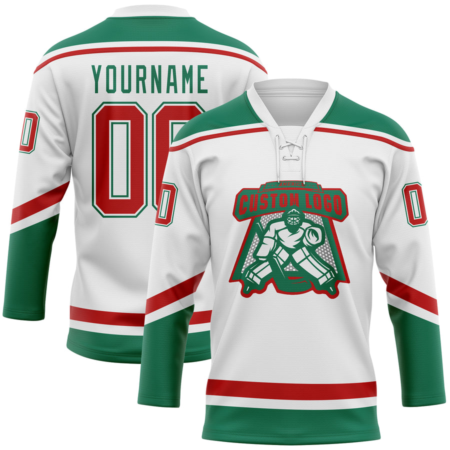 Custom White Red-Kelly Green Hockey Lace Neck Jersey