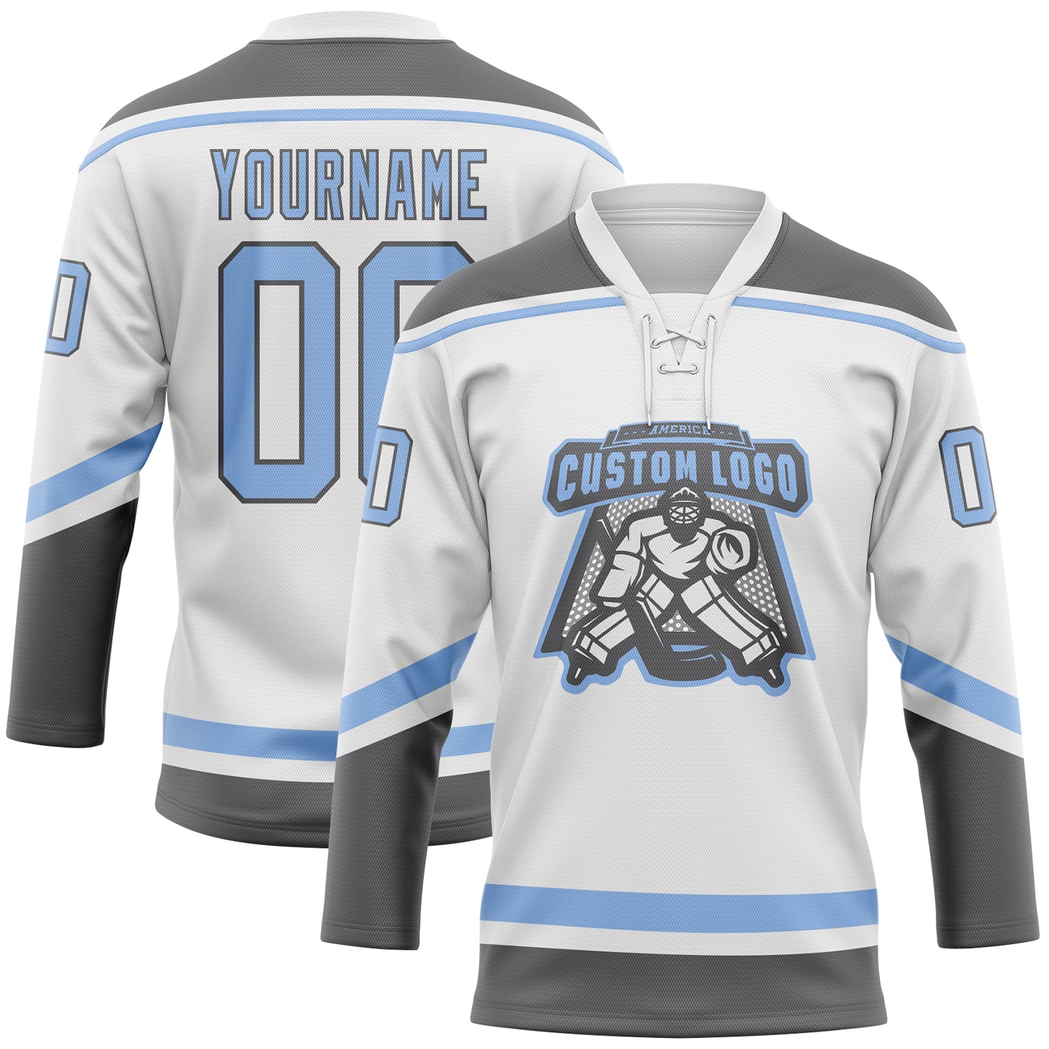 Custom White Gray-Light Blue Hockey Jersey