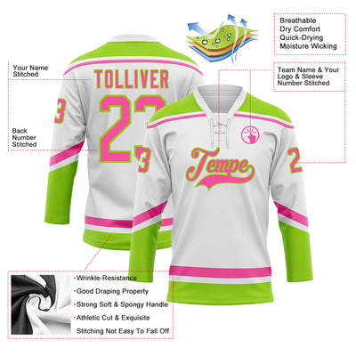 Custom White Pink-Neon Green Hockey Lace Neck Jersey