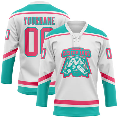 Custom White Neon Pink-Aqua Hockey Lace Neck Jersey