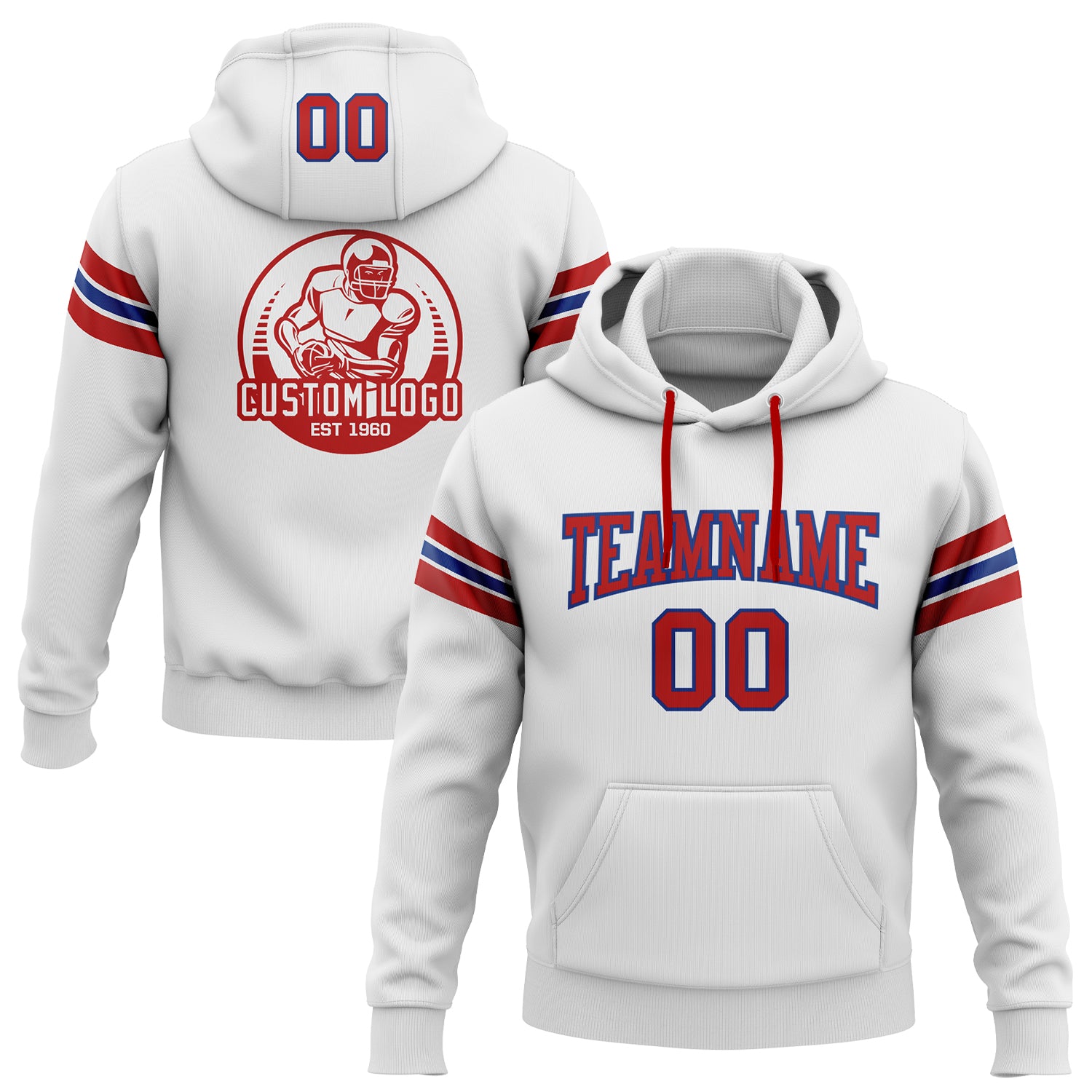 FANSIDEA Custom Stitched White Red-Royal Football Pullover Sweatshirt Hoodie Men's Size:2XL