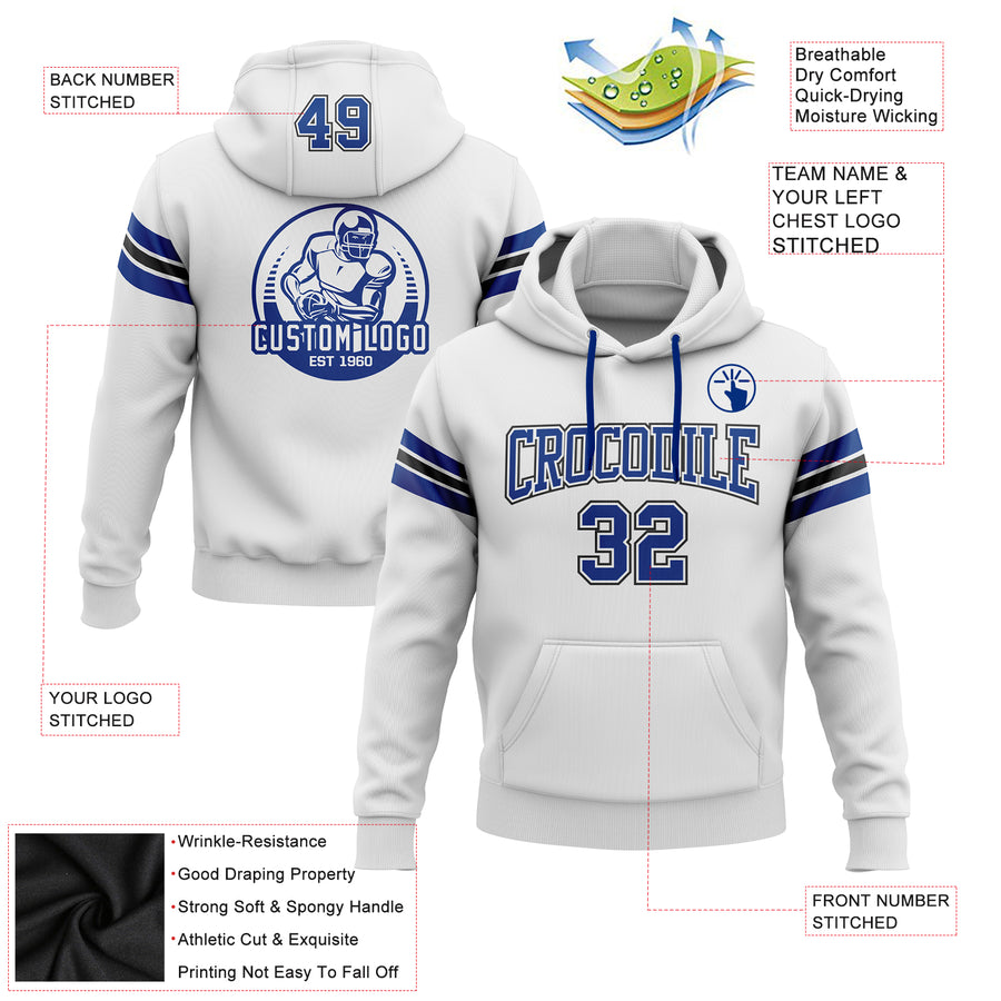 Custom Stitched White Royal-Black Football Pullover Sweatshirt Hoodie