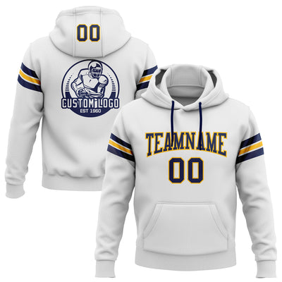 Custom Stitched White Navy-Gold Football Pullover Sweatshirt Hoodie