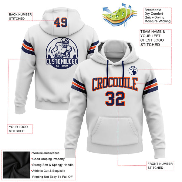 Custom Stitched White Navy-Orange Football Pullover Sweatshirt