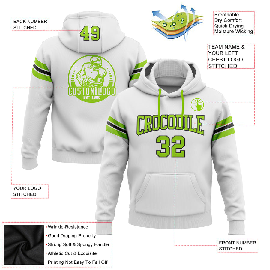 Custom Stitched White Neon Green-Black Football Pullover Sweatshirt Hoodie