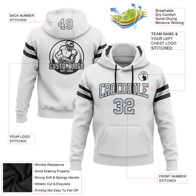 Custom Stitched White Silver-Black Football Pullover Sweatshirt Hoodie