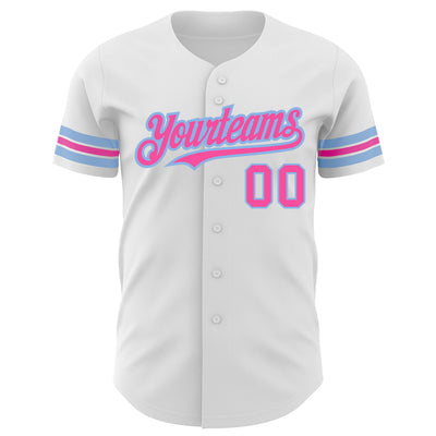 Custom White Pink-Light Blue Authentic Baseball Jersey