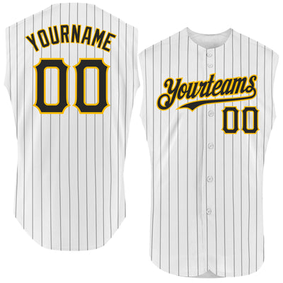 Custom White Black Pinstripe Gold Authentic Sleeveless Baseball Jersey