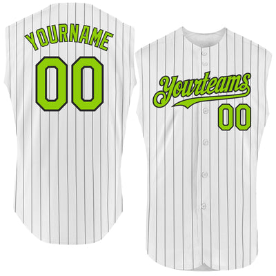 Custom White Black Pinstripe Neon Green Authentic Sleeveless Baseball Jersey