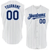 Custom White Navy Pinstripe Teal Authentic Sleeveless Baseball Jersey