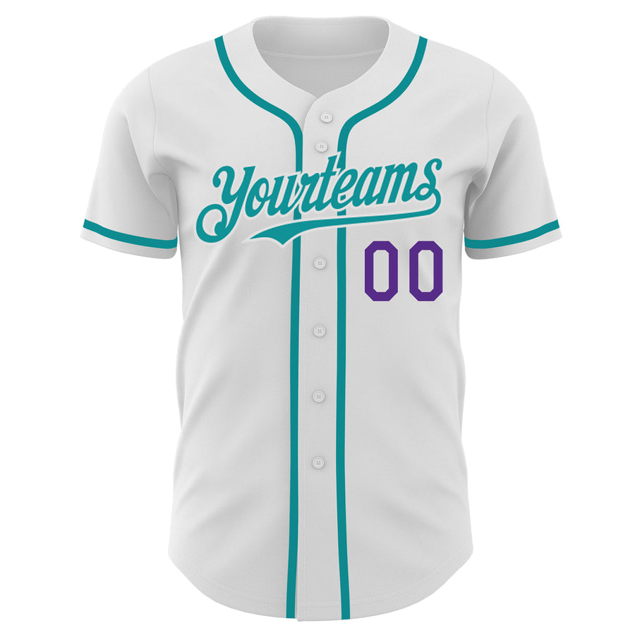 Custom White Teal-Purple Authentic Baseball Jersey