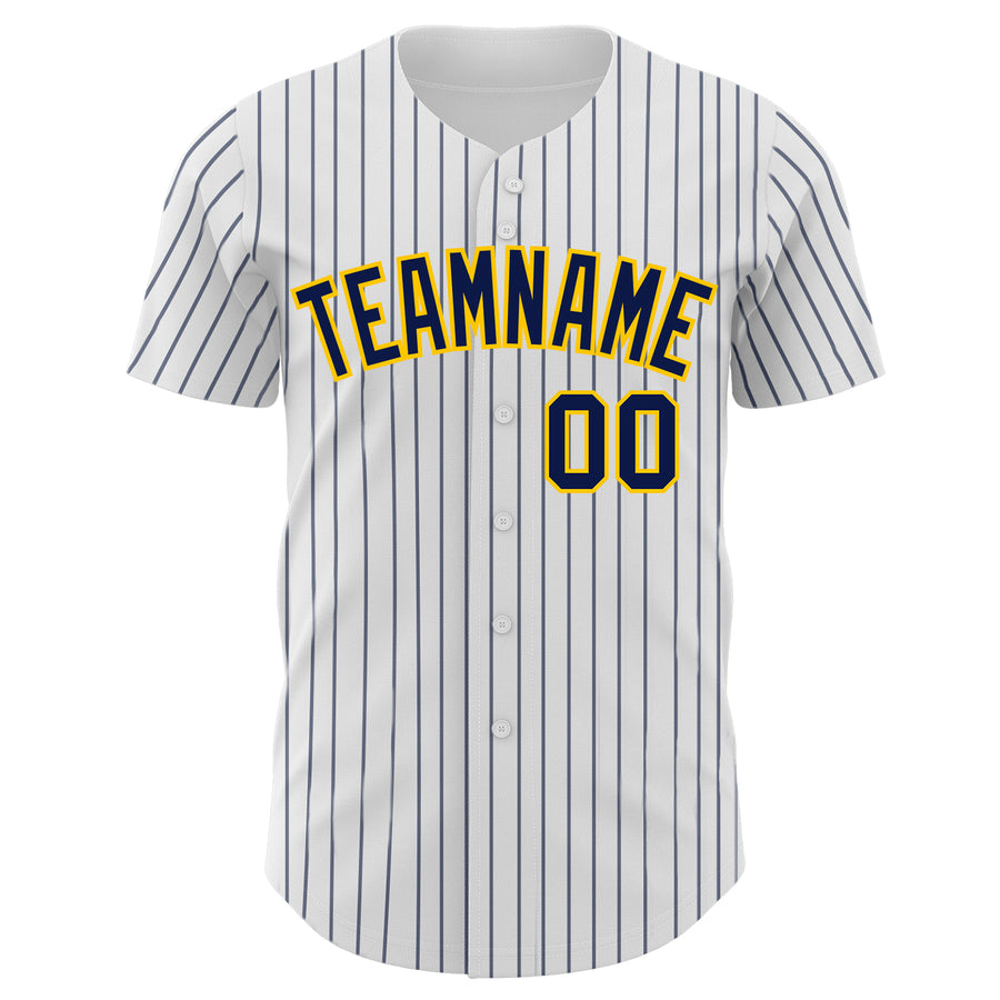 Custom White Navy Pinstripe Yellow Authentic Baseball Jersey