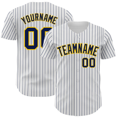 Custom White Navy Pinstripe Yellow Authentic Baseball Jersey