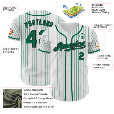 Custom White Kelly Green Pinstripe Black Authentic Baseball Jersey