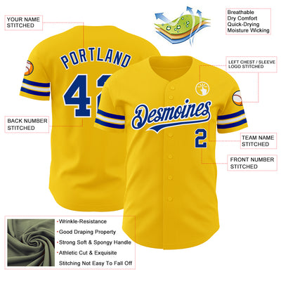 Custom Yellow Royal-White Authentic Baseball Jersey