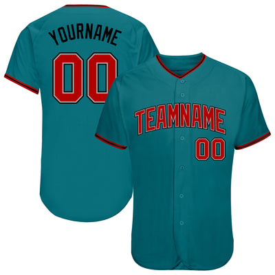 Custom Teal Red-Black Authentic Baseball Jersey