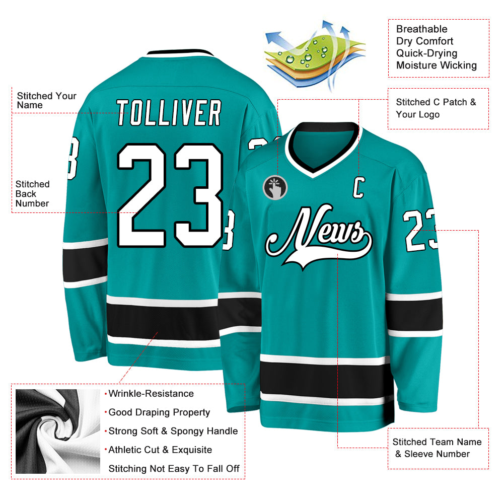 Custom Aqua White-Black Hockey Jersey