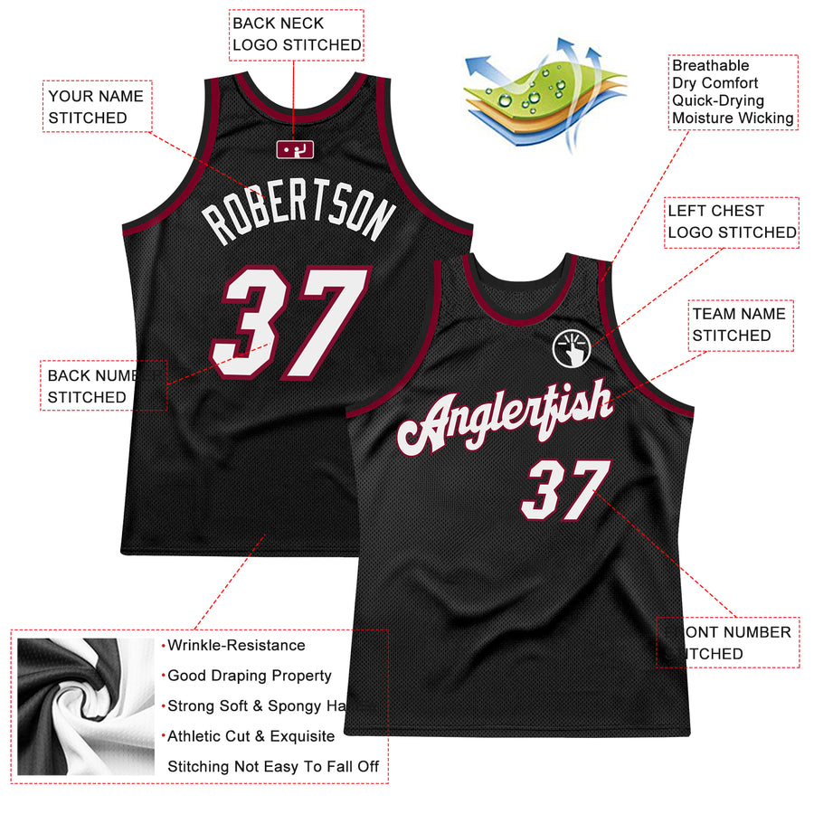 Custom Black White-Maroon Authentic Throwback Basketball Jersey