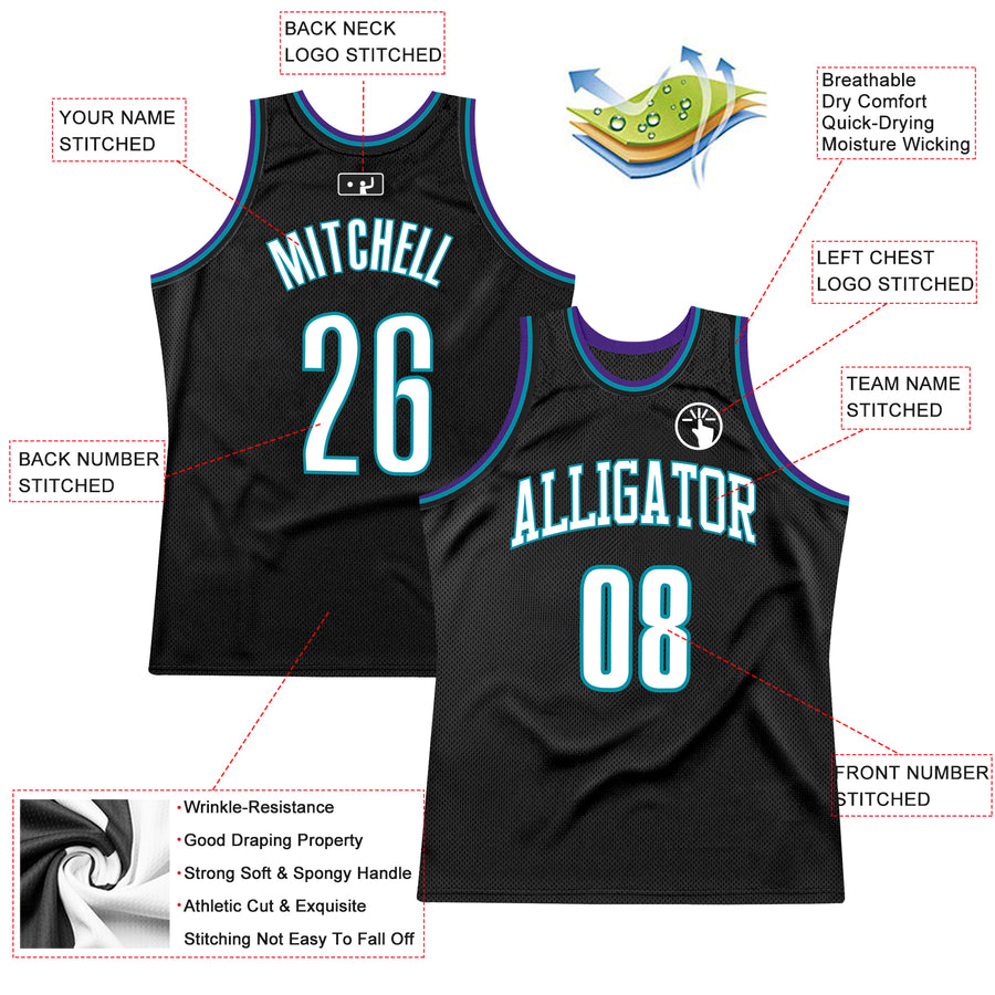 Custom Black White-Teal Authentic Throwback Basketball Jersey