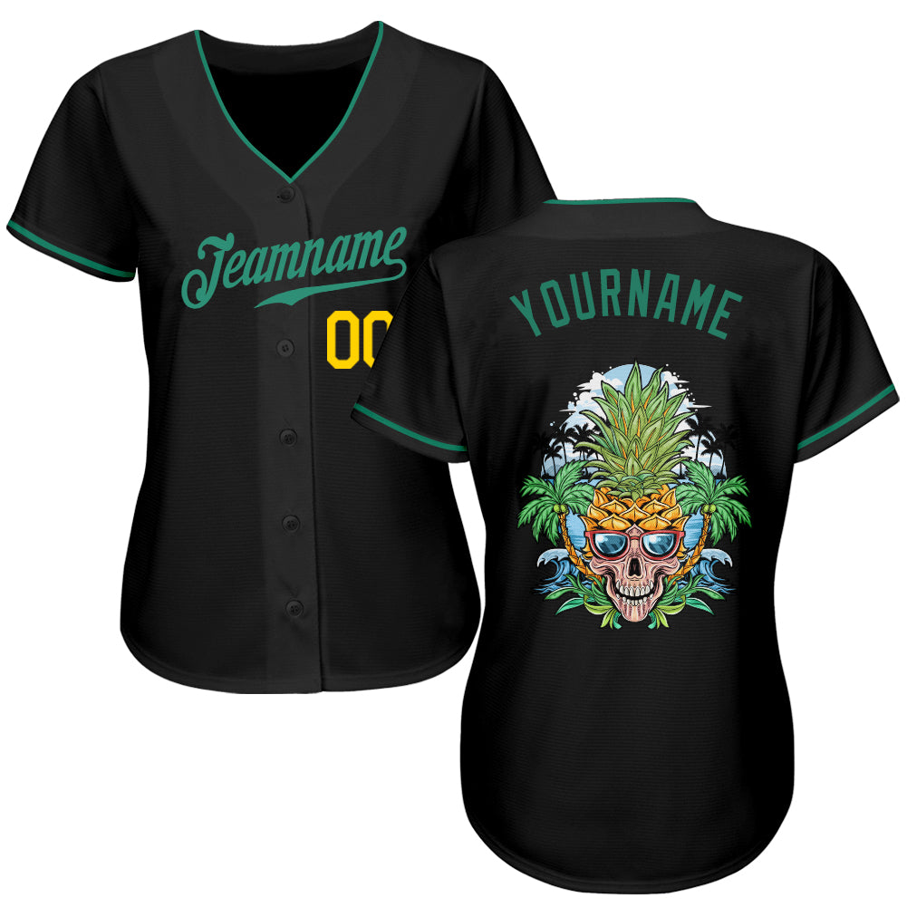 Custom Black Kelly Green-Gold Authentic Skull Pineapple Head Baseball Jersey