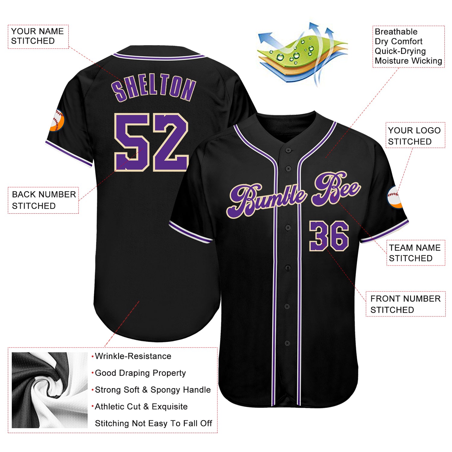 Custom Black Purple-White Authentic Baseball Jersey