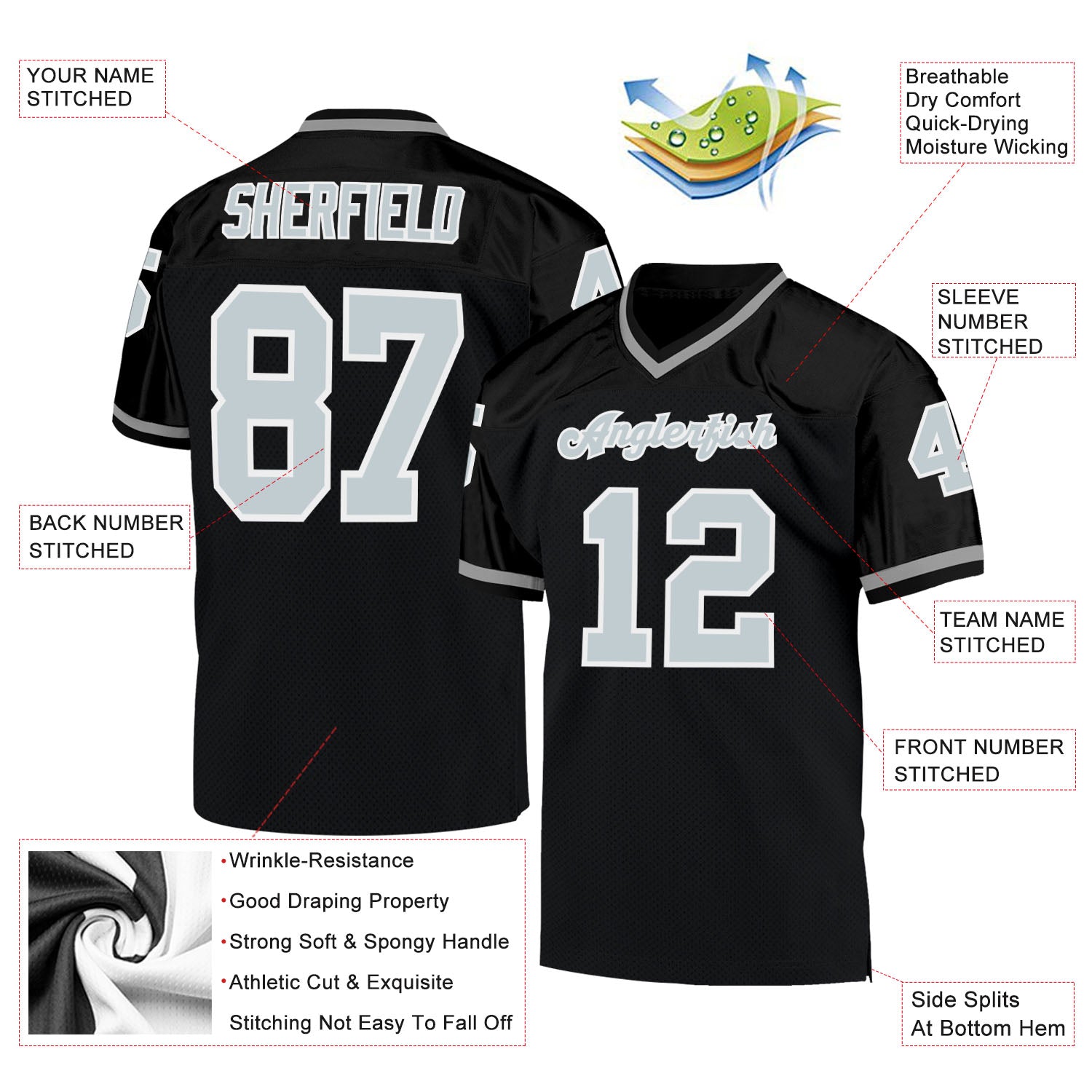 Custom Black Silver-White Mesh Authentic Throwback Football Jersey