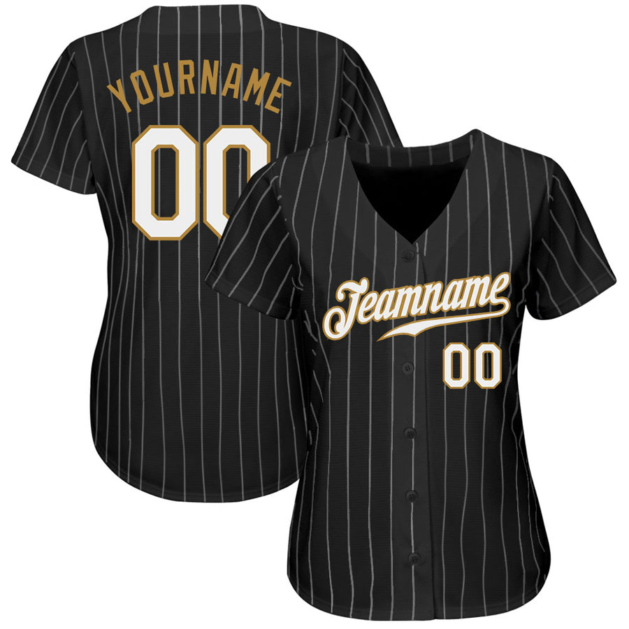 Custom Black White Pinstripe White-Old Gold Authentic Baseball Jersey