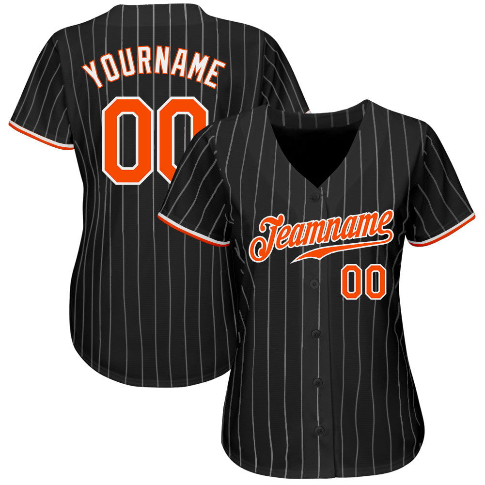 Custom Black White Pinstripe Orange-White Authentic Baseball Jersey