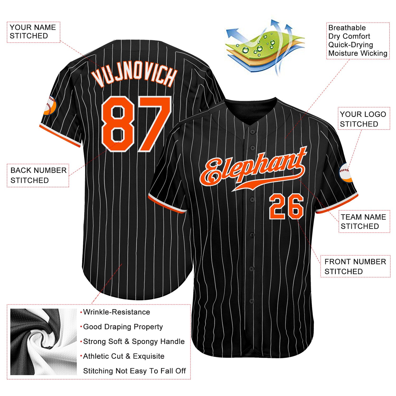 Custom Black White Pinstripe Orange-White Authentic Baseball Jersey