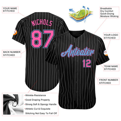 Custom Black White Pinstripe Pink-Light Blue Authentic Baseball Jersey