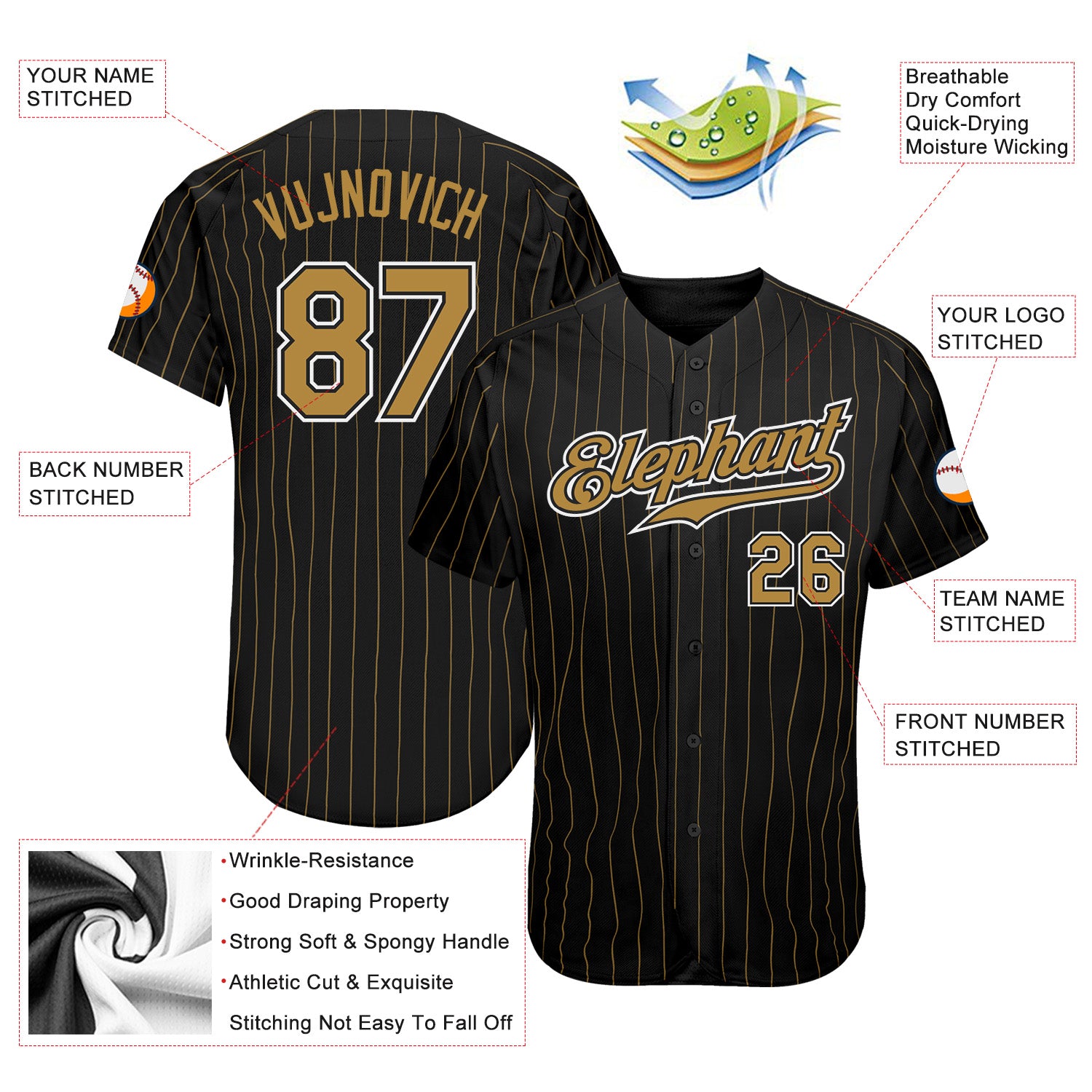 Custom Black Old Gold Pinstripe Old Gold-White Authentic Baseball Jersey