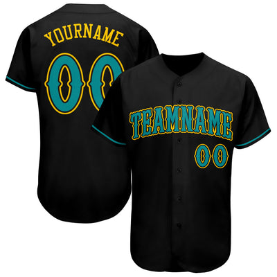 Custom Black Teal-Gold Authentic Baseball Jersey