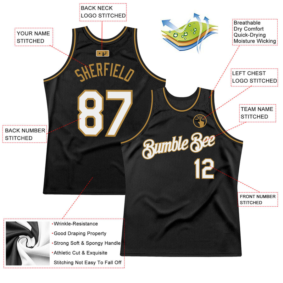 Custom Black White-Old Gold Authentic Throwback Basketball Jersey