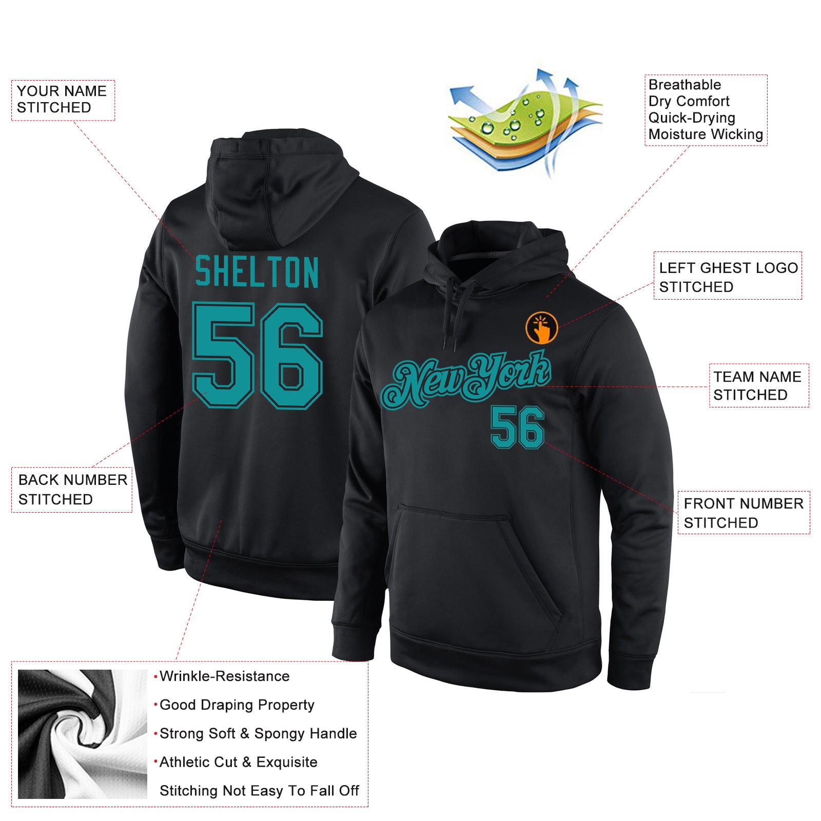 Custom Stitched Black Aqua Sports Pullover Sweatshirt Hoodie