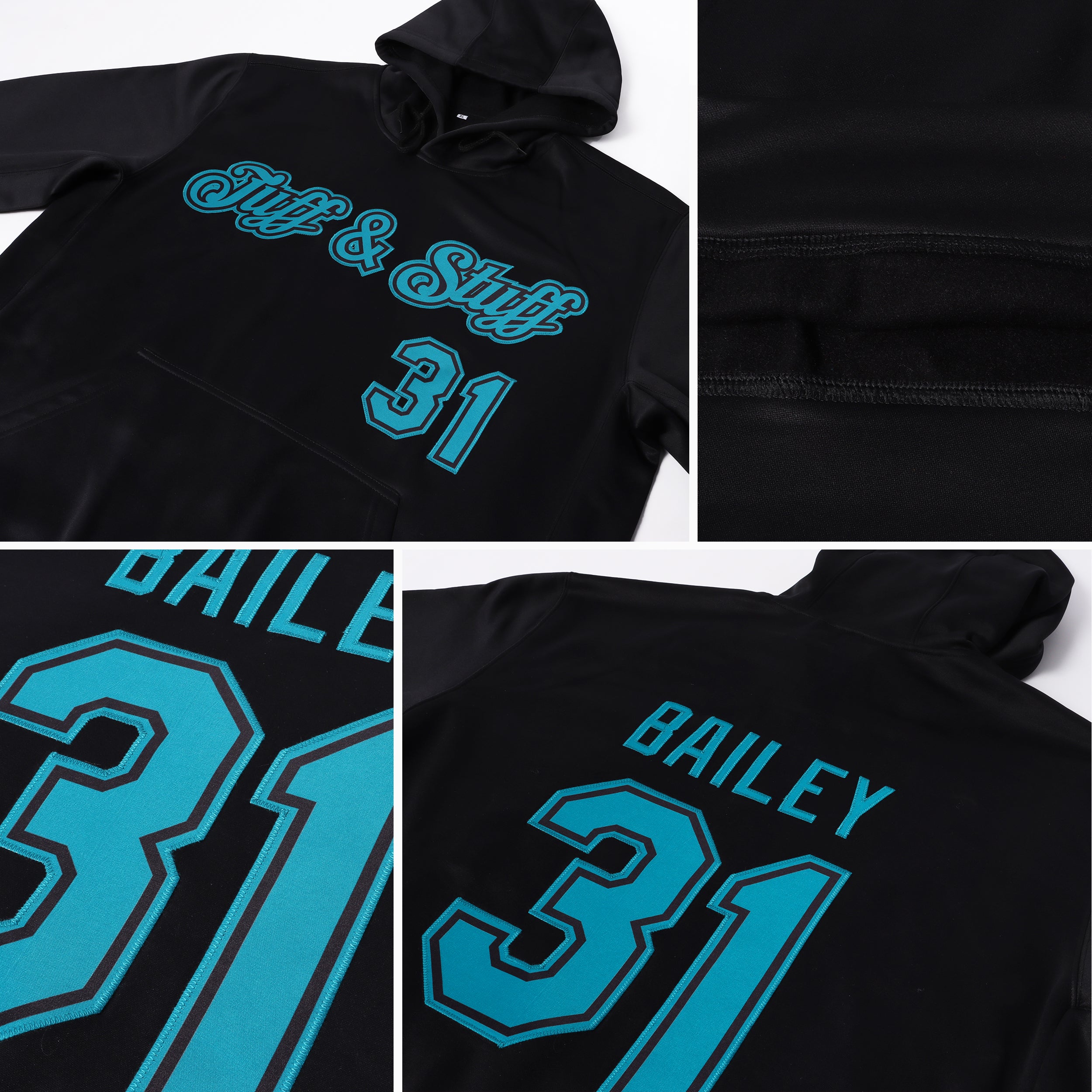 Custom Stitched Black Aqua Sports Pullover Sweatshirt Hoodie