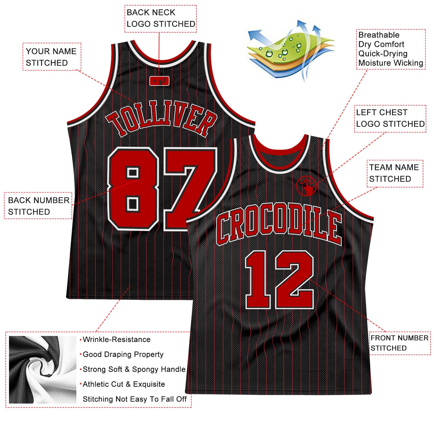 FANSIDEA Custom Black Red-White Round Neck Rib-Knit Basketball Jersey Men's Size:3XL