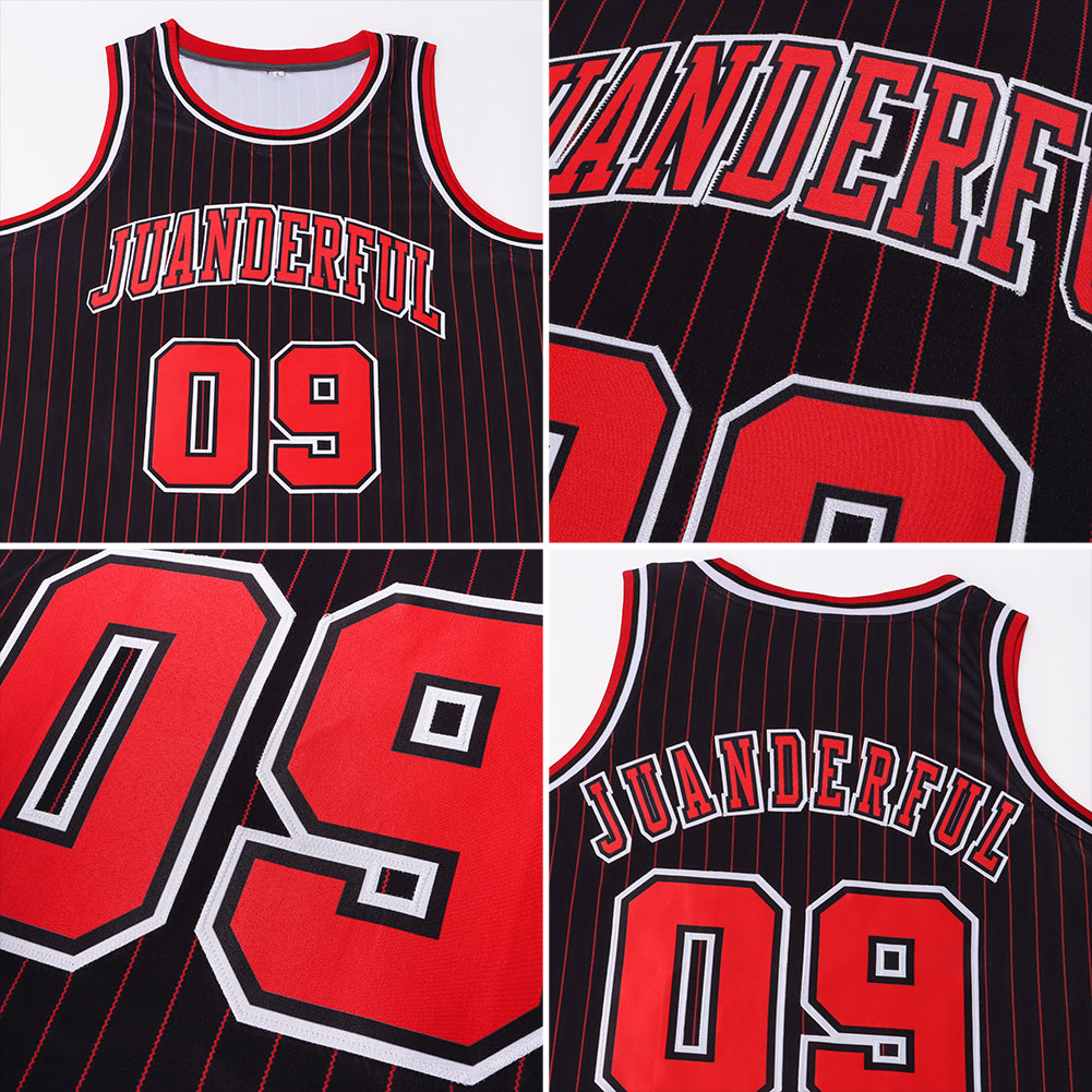 Custom Black Red Pinstripe Red-White Authentic Basketball Jersey