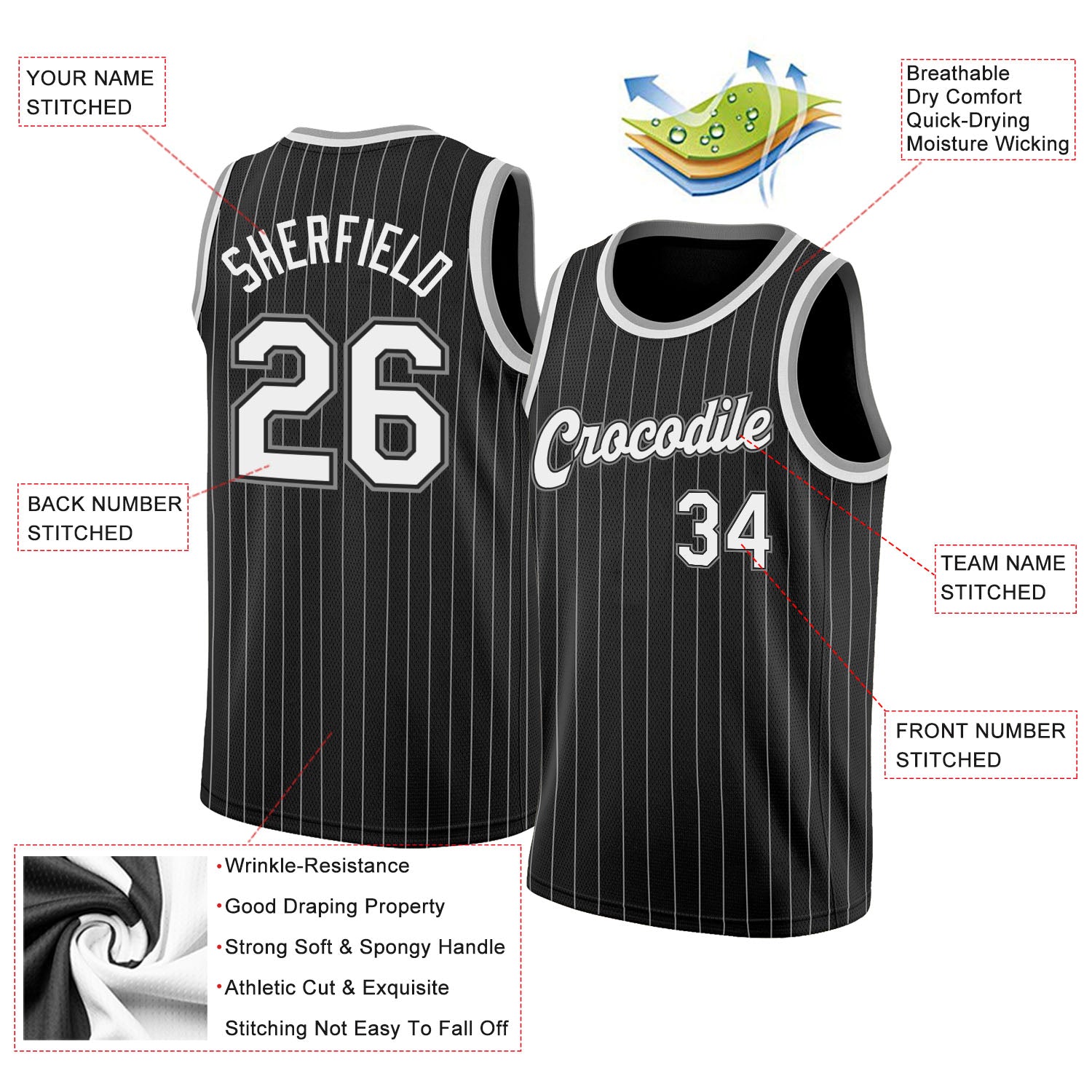 Custom Black White Pinstripe White-Gray Authentic Basketball Jersey