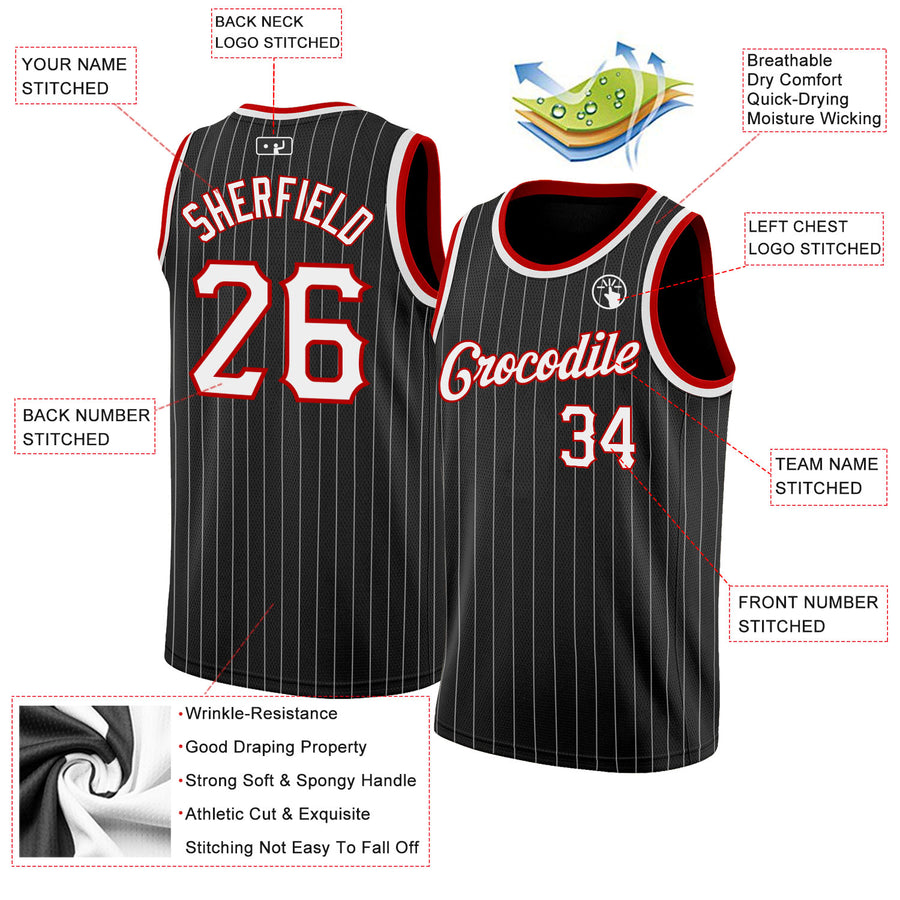 Custom Black White Pinstripe White-Red Authentic Basketball Jersey