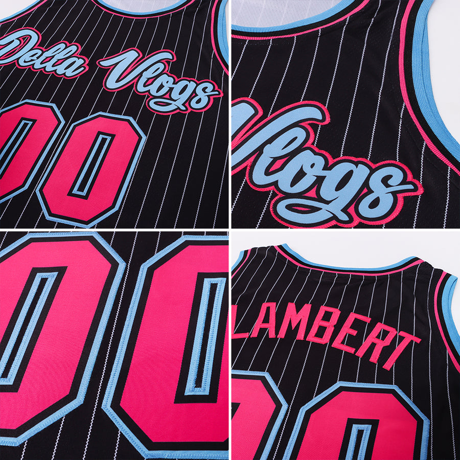 Custom Black White Pinstripe Pink-Light Blue Authentic Basketball Jersey